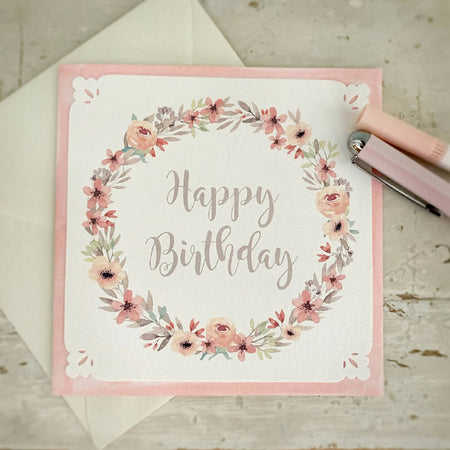Greeting Card Floral Wreath Pink - Happy Birthday