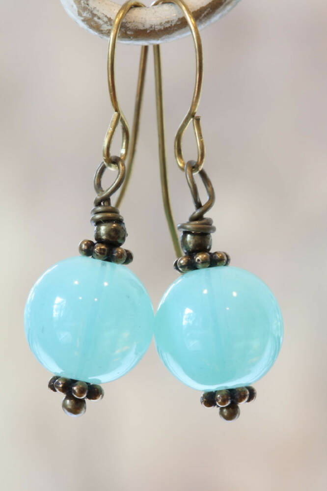 Aquamarine Glass Bead and Brass Beaded Earrings