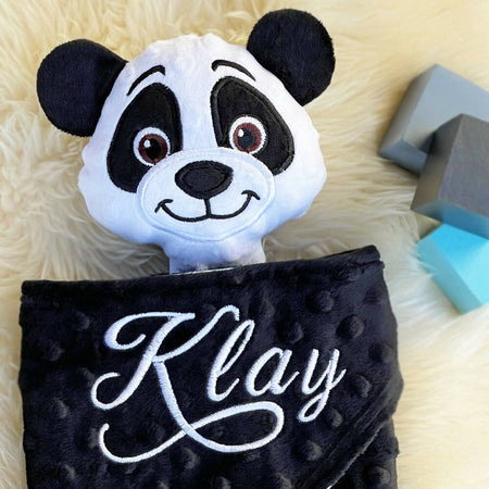 Baby comforter, Embroidered name, Panda themed Ruggybud, Made to order