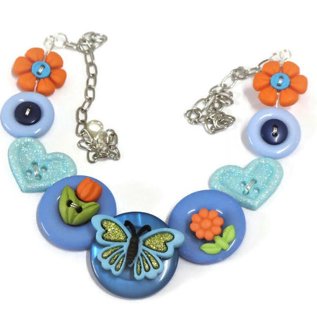 Girls button necklace - Blue Butterfly