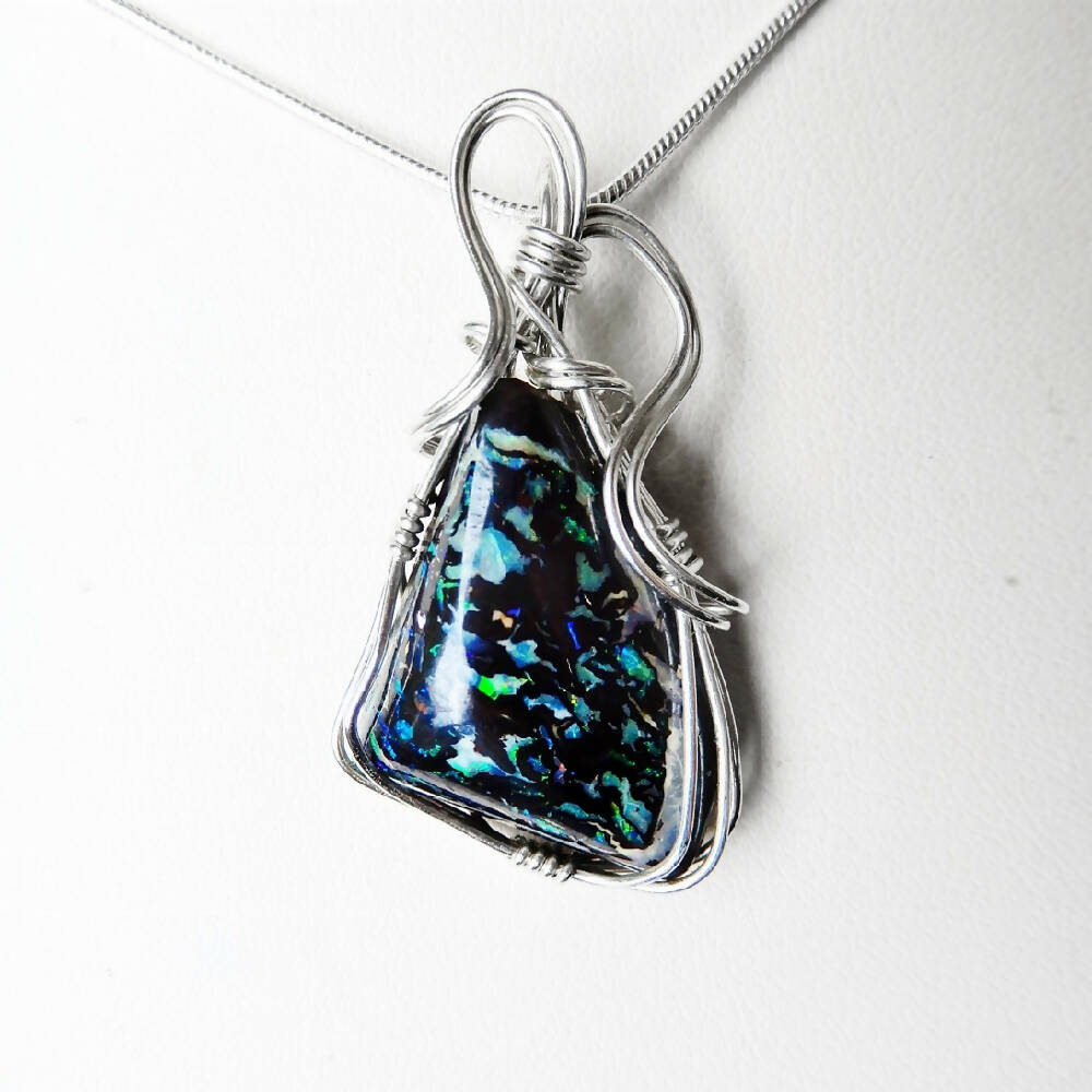 Large Koroit Boulder opal pendant Sterling silver wire wrapped