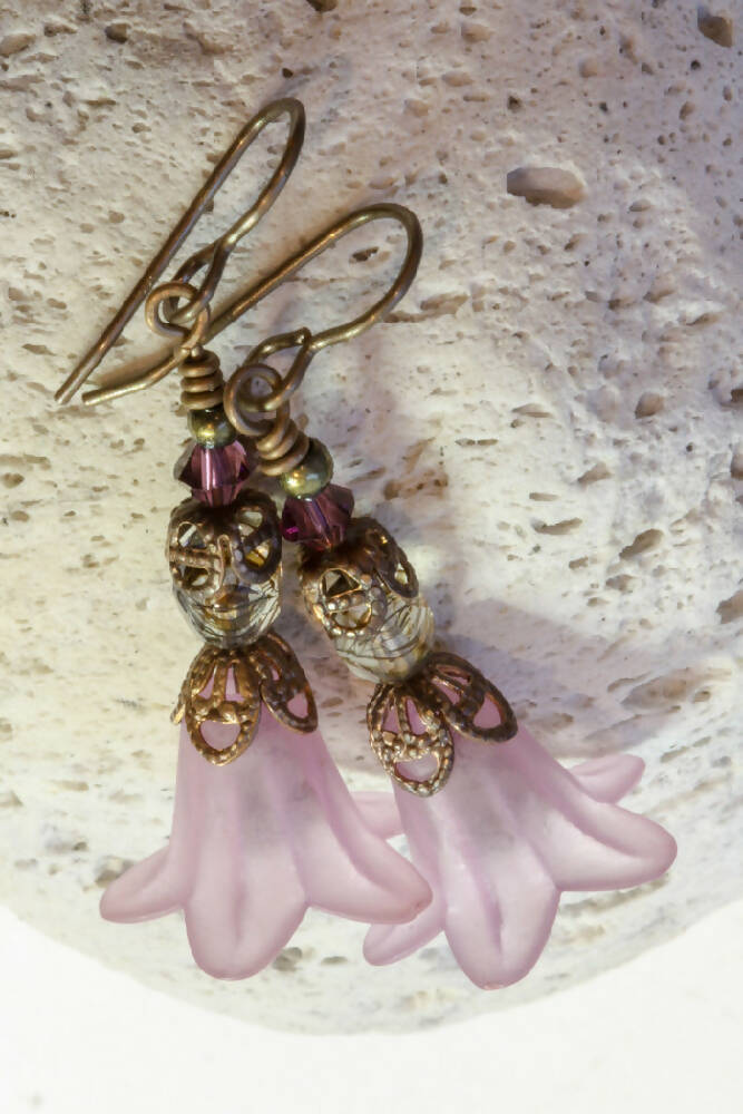 Lucite Flower Drop Earrings in Amethyst & Brass