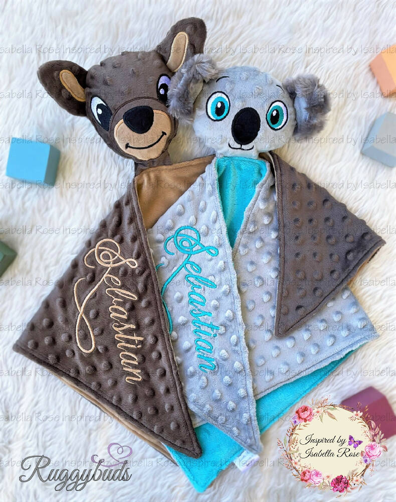Baby comforter, Embroidered name, Kangaroo themed Ruggybud, Made to order