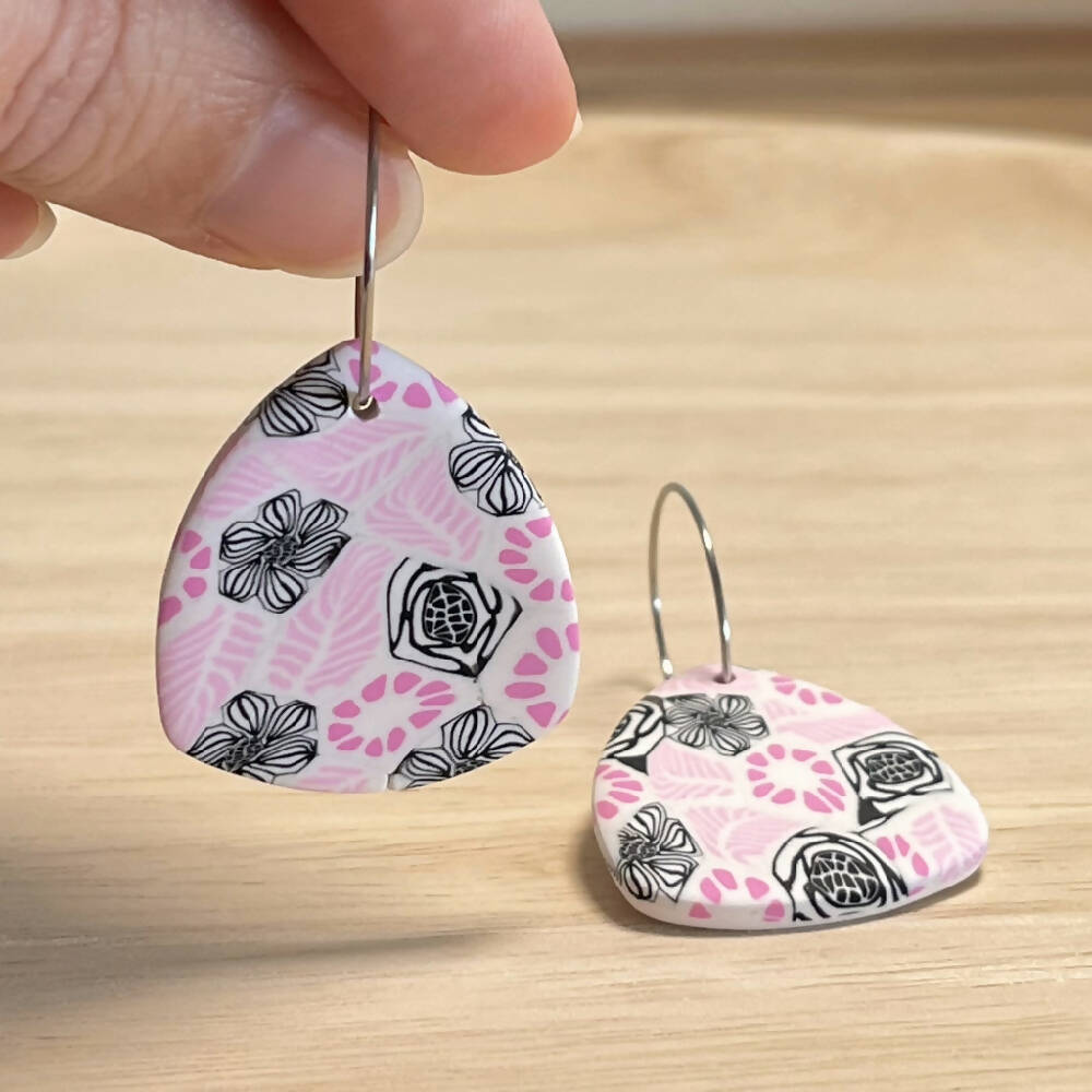 Polymer Clay Earrings Pink, Black and White Dangles