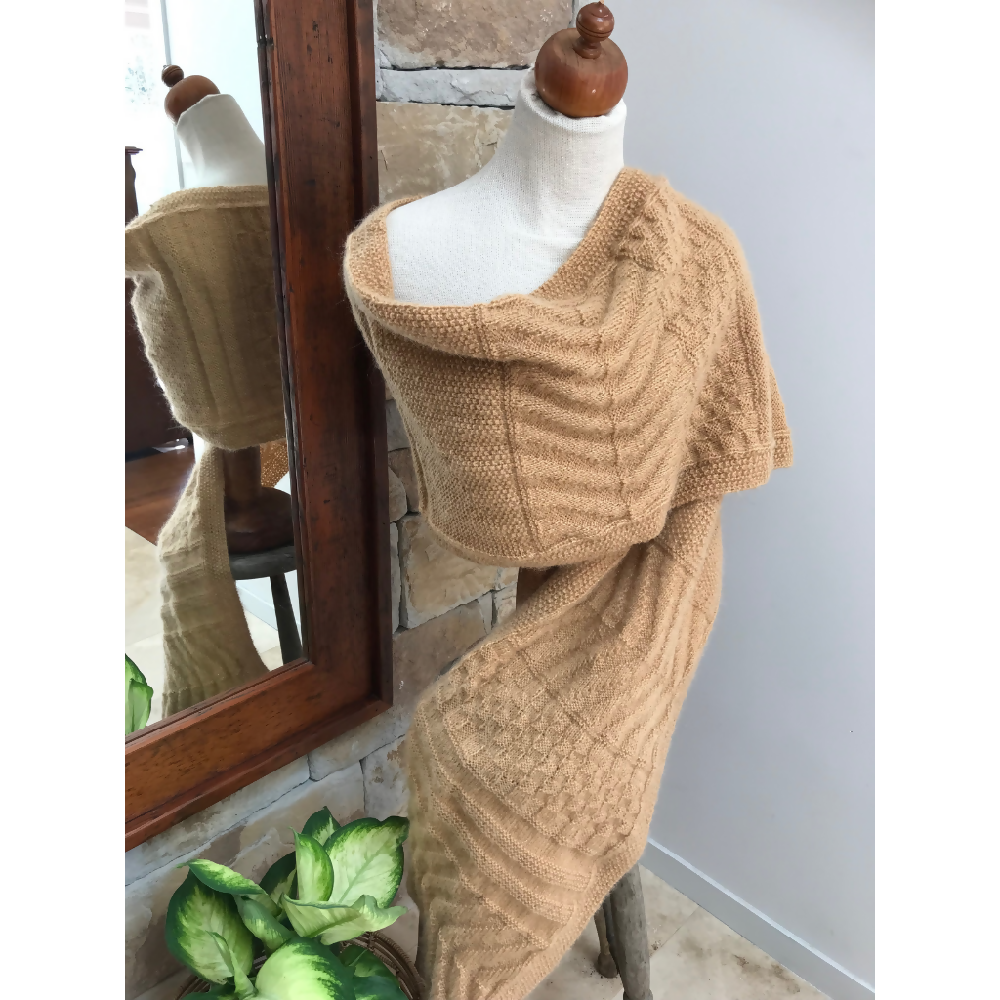 Tan Guernsey wrap. Extra long Scarf. Textured shawl. Knitted Slow fashion.