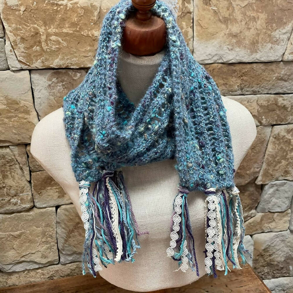 Blue & Purple Alpaca scarf with fabric tassels