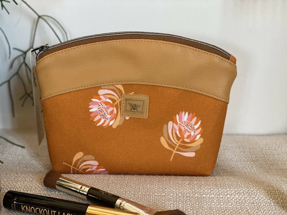 Makeup Purse/Toiletry Bag - Proteas on Burnt Orange/Mustard Faux Leather