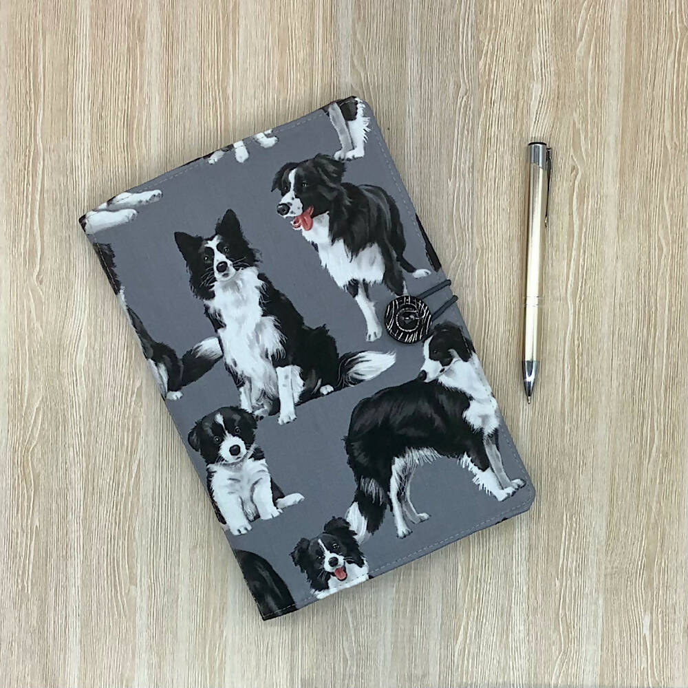 Border Collie Dogs refillable A5 fabric notebook cover gift set - Incl. book and pen.