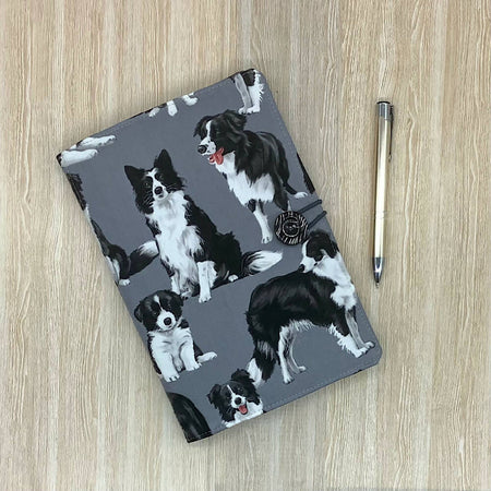 Border Collie Dogs refillable A5 fabric notebook cover with bonus book and pen.