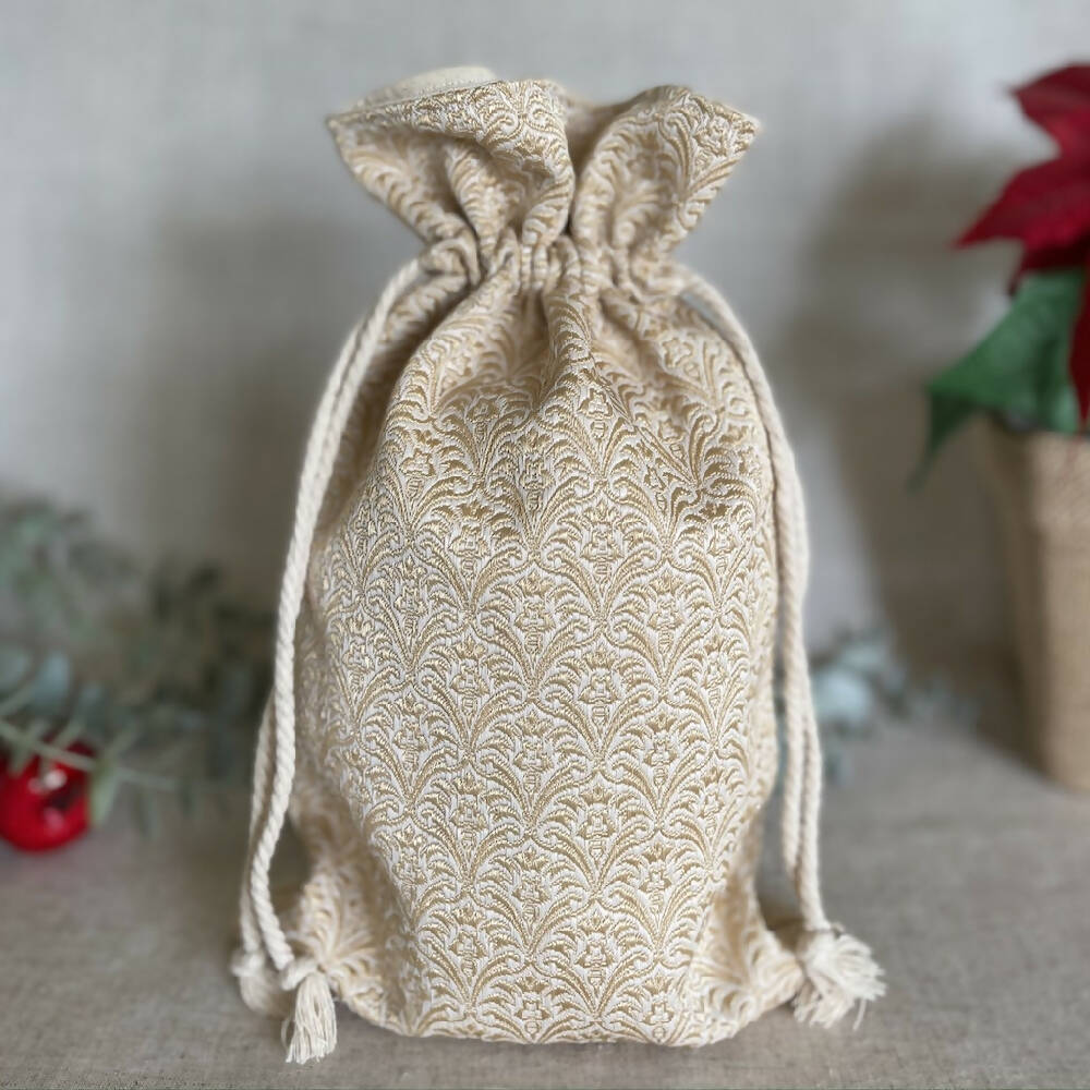 Christmas Reusable Fabric Gift Bag - Cream and Gold