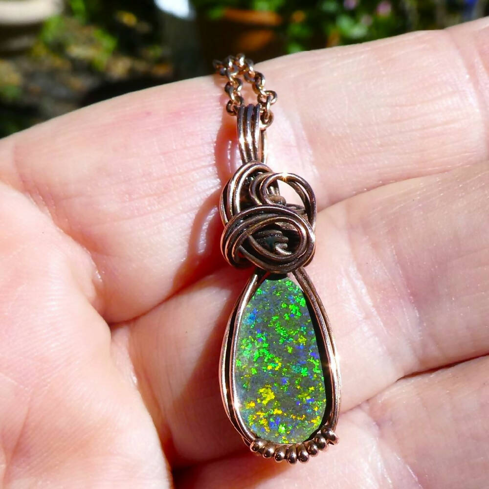 Andamooka Opal pendant oxidised copper wire wrapped