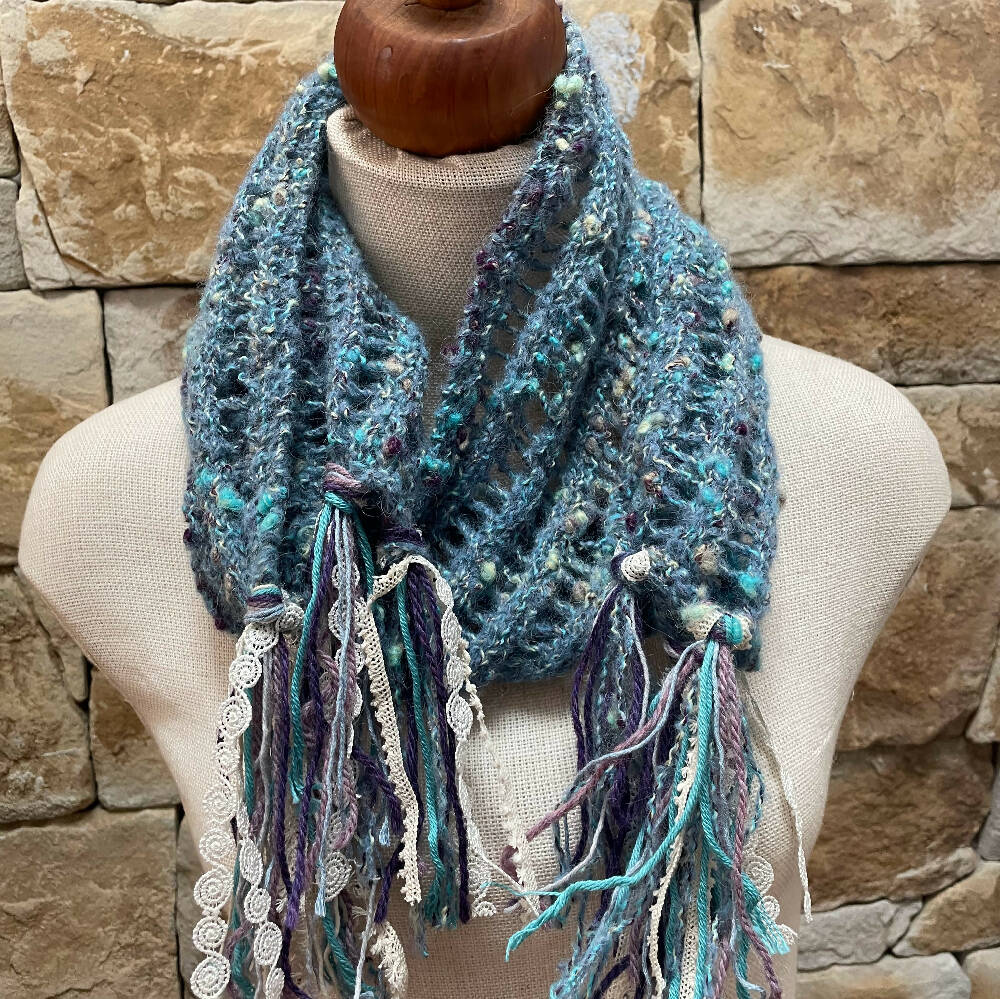 Blue & Purple Alpaca scarf with fabric tassels