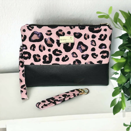 Kangaroo Leather Pink Leopard Panel Clutch and Key Fob Set