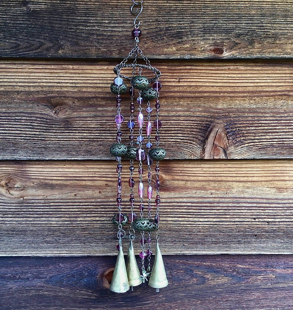 Rose Purple Windchimes, Bells, Glass Beads, Outdoor Decor