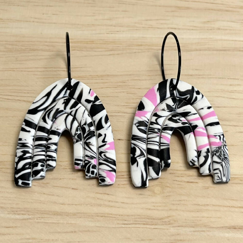 zebra-print-arch-polymer-clay-dangle-hoop-earring