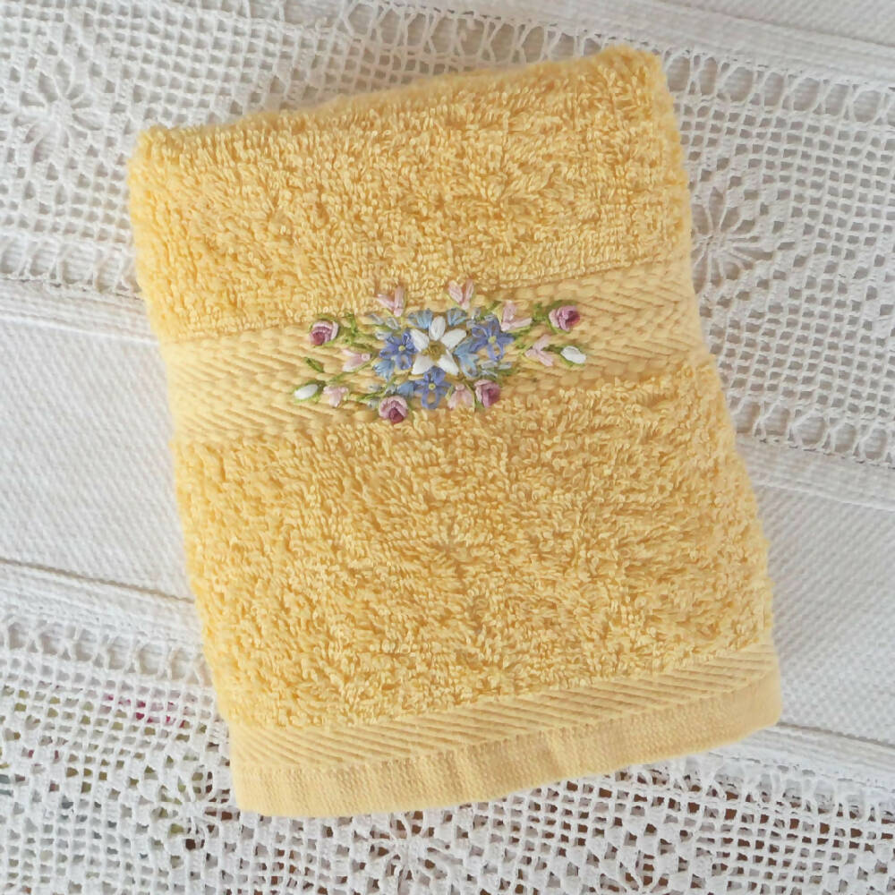 Hand towel, combed cotton, hand embroidered cottage garden flowers