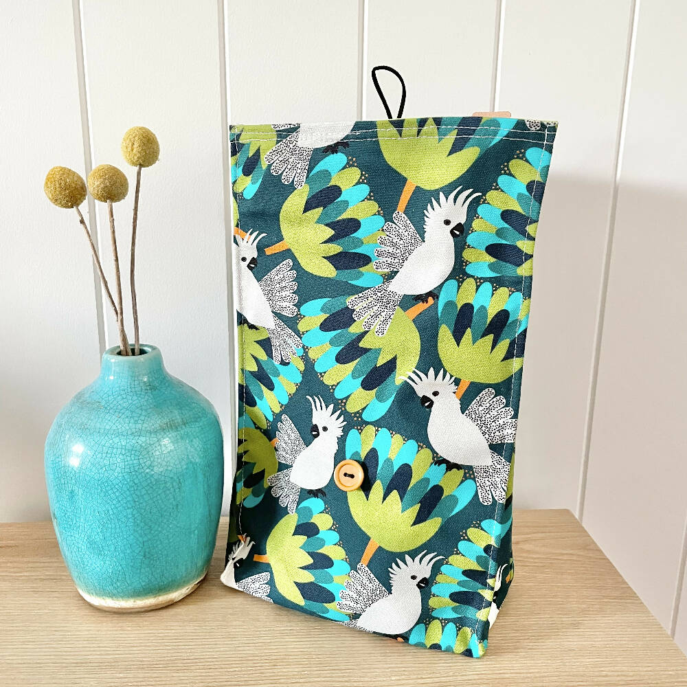 Lunch Bag Cotton Canvas~ Reusable, Fold Over~ Cockatoos
