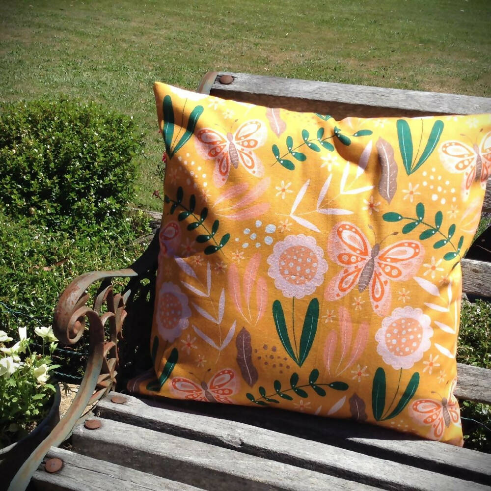 Floral cushion cover-Butterfly detail Detail-Mustard