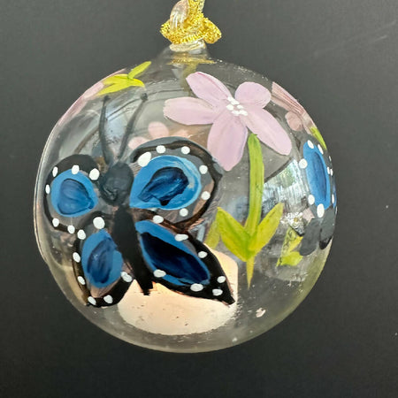 Glass candle Holder, Painted With Blue Butterflies, Tea Light Holder