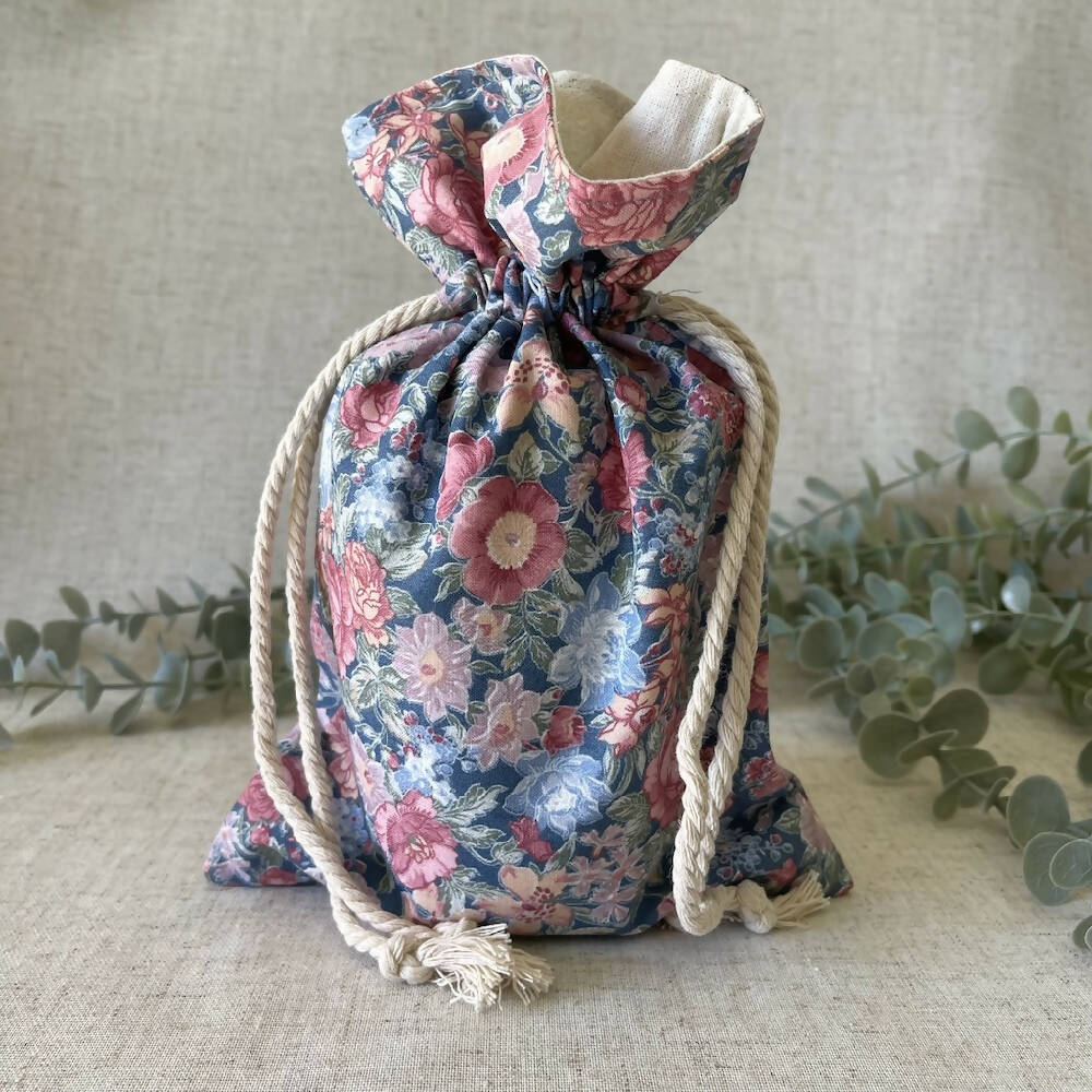 Reusable Fabric Gift Bag - Blue & Pink Floral