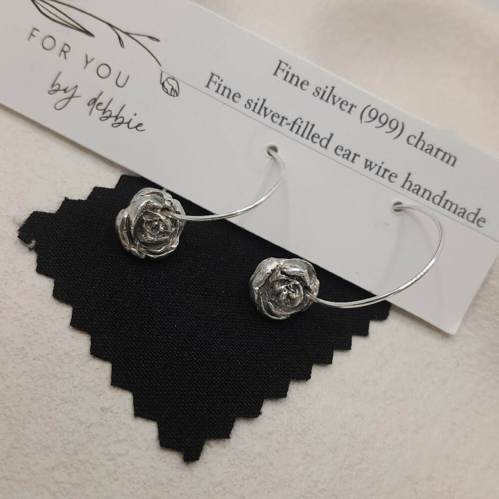 Fine silver 999 rose hoop earrings with handmade ear wire