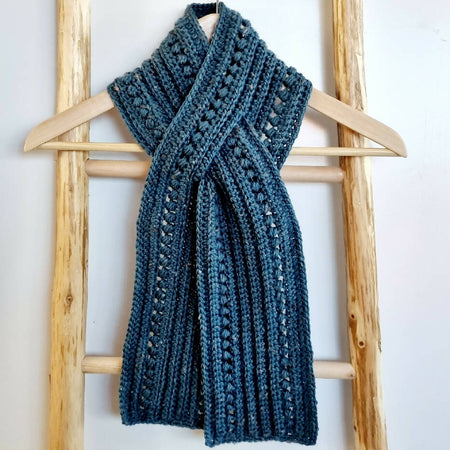 Keyhole Scarf Teal Tweed Adult Vintage Handmade Crochet