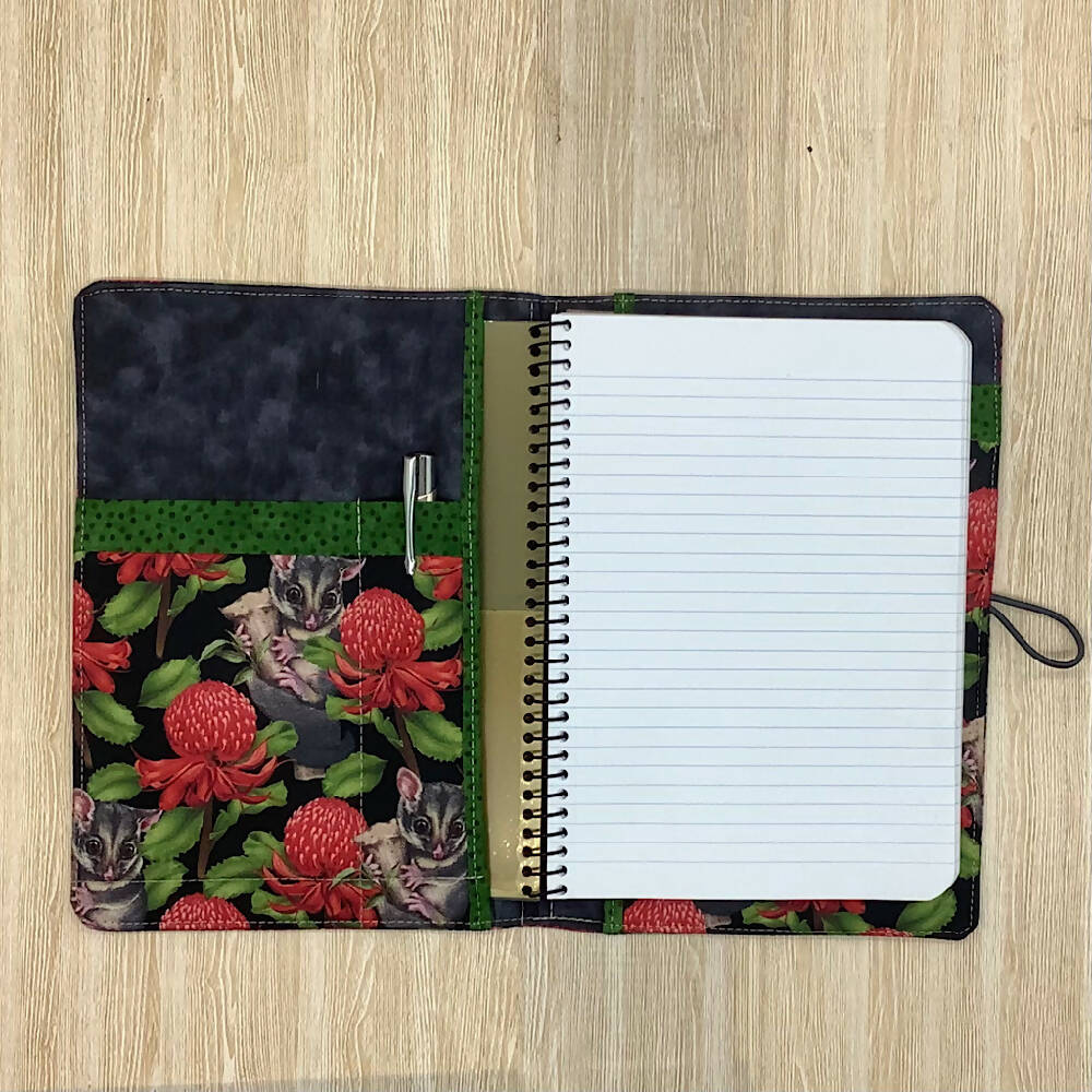 Possums and Waratahs refillable A5 fabric notebook cover gift set - Inc. book and pen.