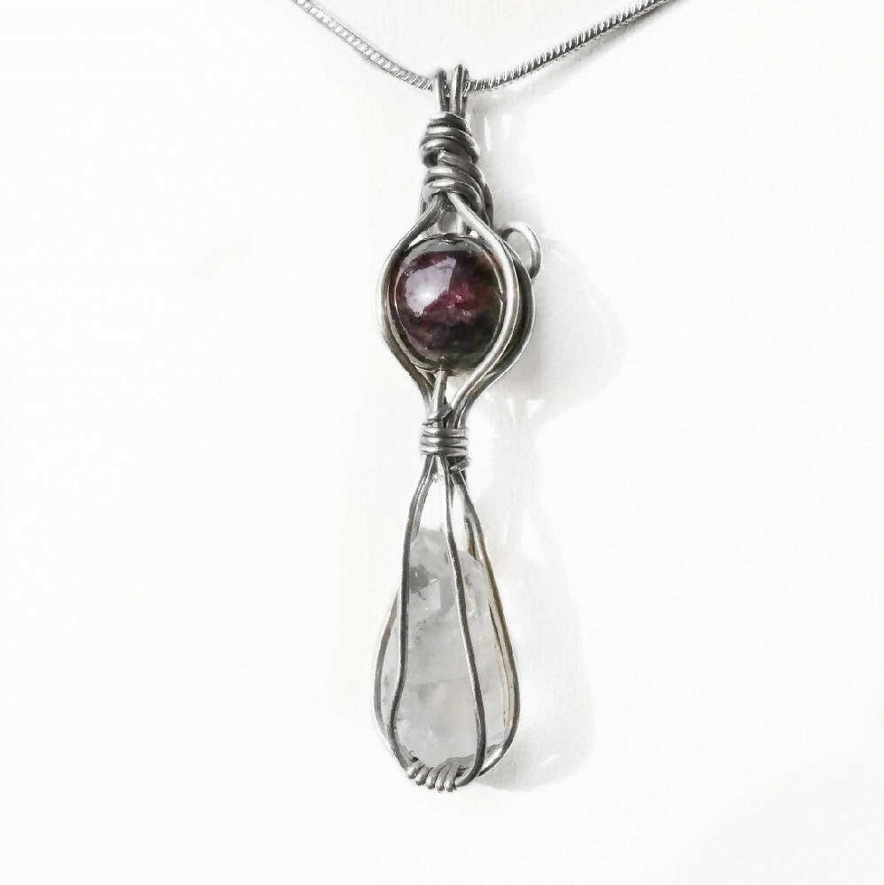 Raw Quartz and Garnet pendant, sterling wire wrapped necklace