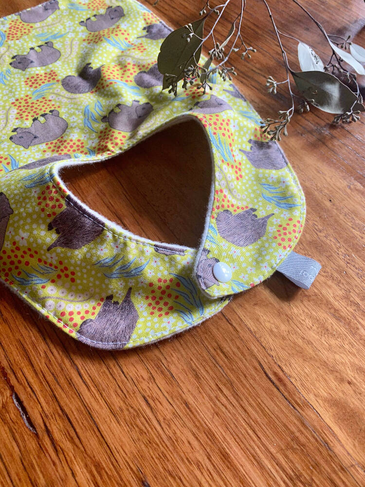 bib - green wombat echidna / organic cotton hemp fleecy / baby toddler