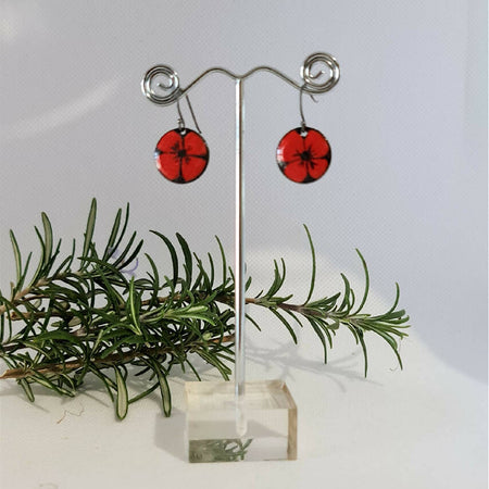 Enamel Earrings - Small Poppies Red and Black