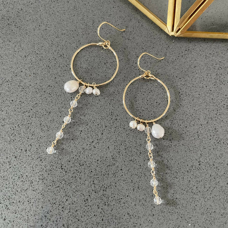 14K Gold filled freshwater pearl and crystal quartz earrings