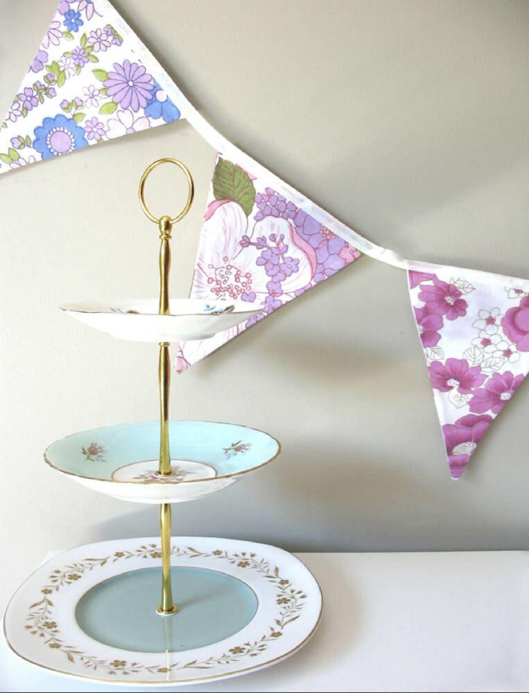 Bunting - Handmade Vintage Retro Pretty Ivory Floral Flags with Embroidery