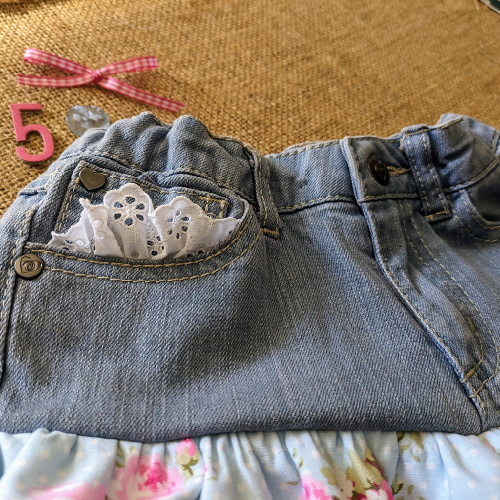 Girls Skirt Upcycled Denim Pink Posies Gingham and lace Size 5