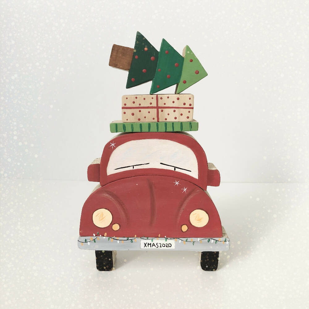 Wooden Christmas car stacker with presents and Christmas Tree