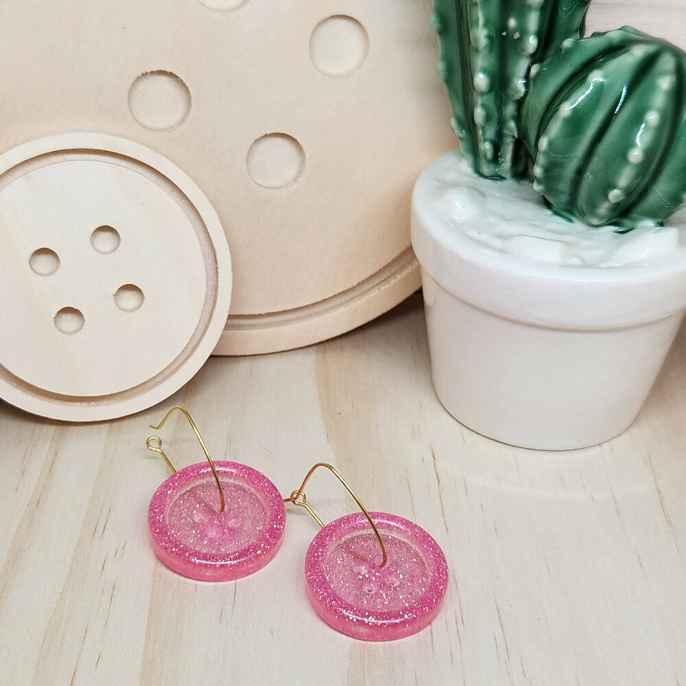 Dangle Earrings - Billie Button Pink Sparkle - Resin - Hoop