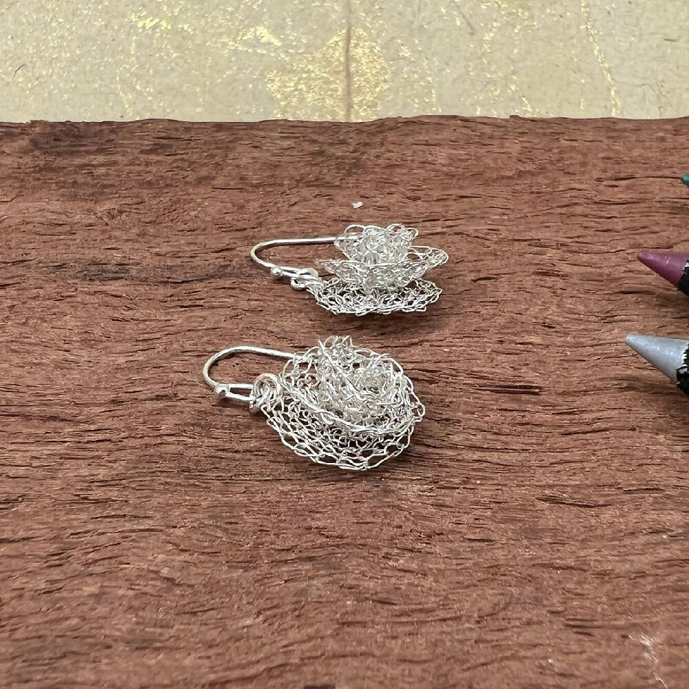Silver-plated knitted rose earrings