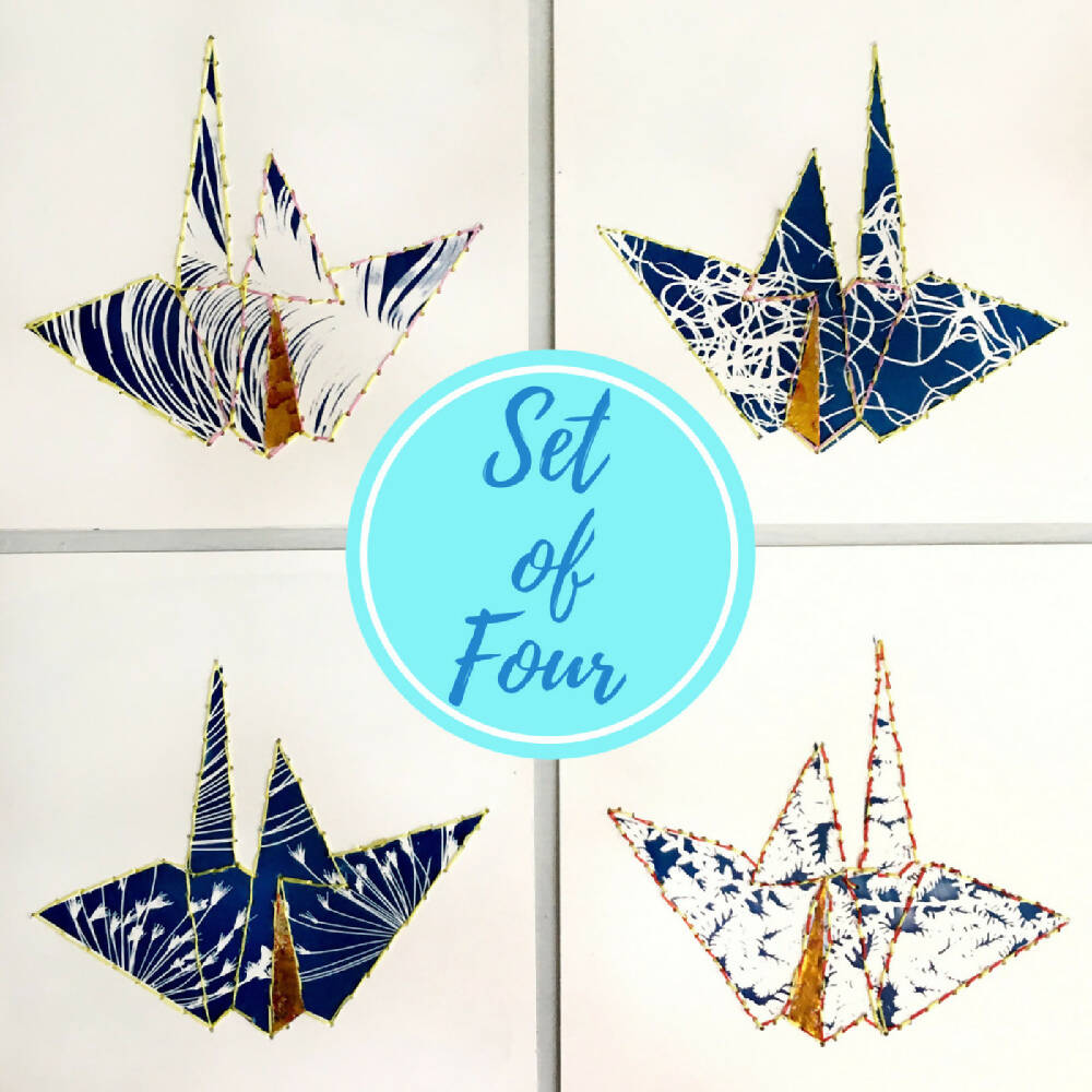 Peace Cranes Set of Four, Cyanotypes, Hand Stitching, Matted Art