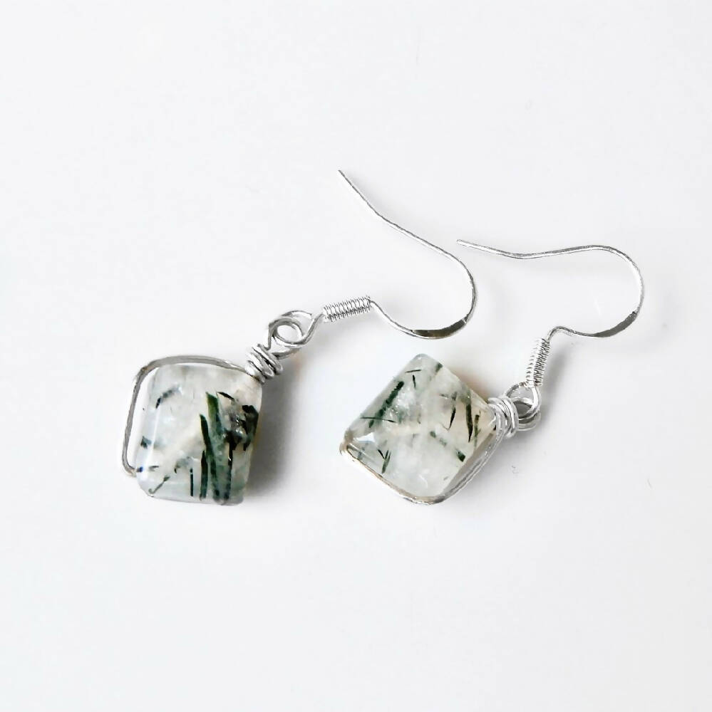 Crystal Tourmalinated Quartz earrings Sterling silver square