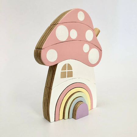 Hand painted RAW EDGE Wooden PASTEL Toadstool House stacker with Rainbow Door.