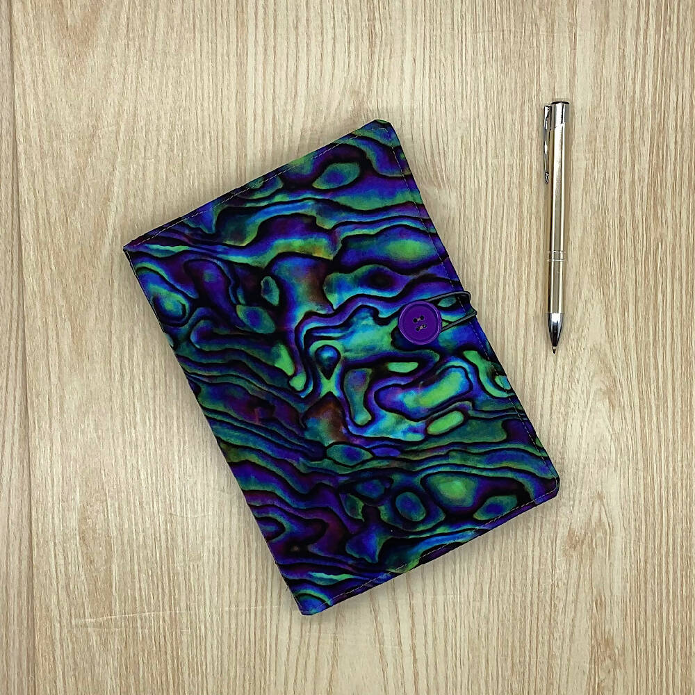 Paua Shell refillable A5 fabric notebook cover gift set - Incl. book and pen.