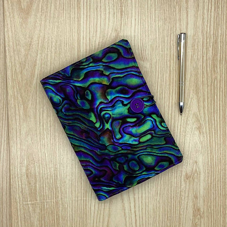 Paua Shell refillable A5 fabric notebook cover with bonus book and pen.