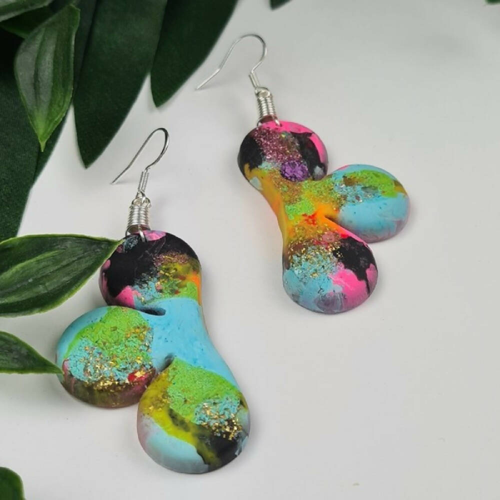 50 - Dangle Earrings Resin Button Jewellery Colourful Clouds Teal Pink Glitter (11)