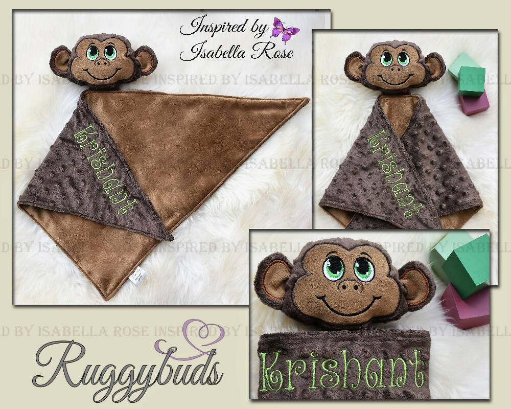 Baby comforter, Embroidered name, Monkey themed Ruggybud, Made to order