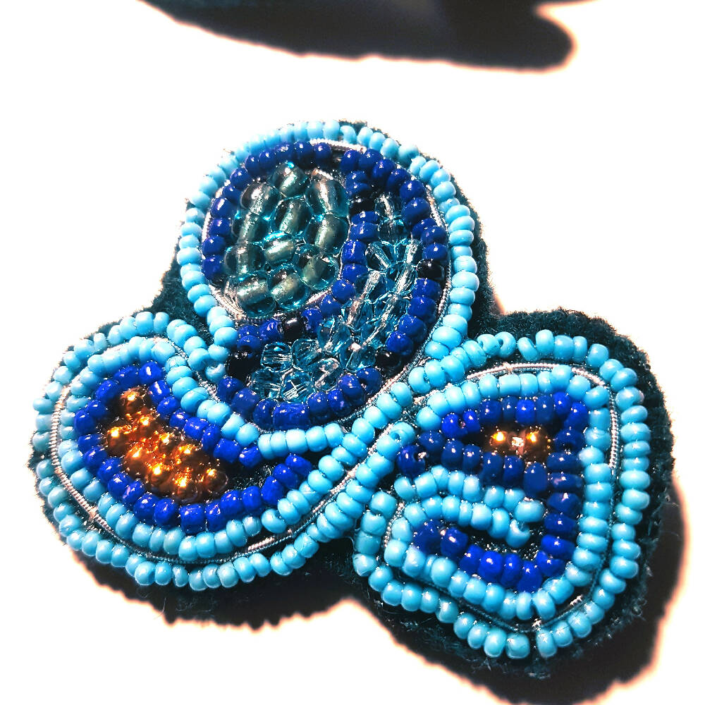 Beaded brooch shawl pin. Hand beaded Blue and gold.