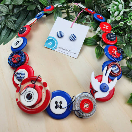Sailor Bluebird - Red Blue - Button Necklace - Earrings