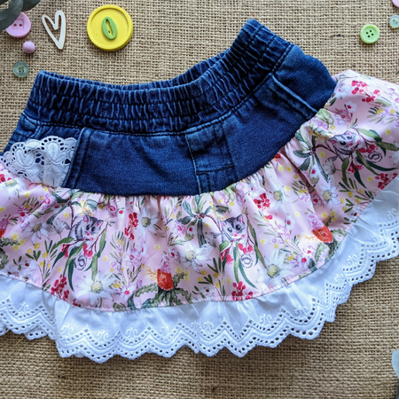 Baby Size 6-12 months Upcycled Denim skirt in pink and lace