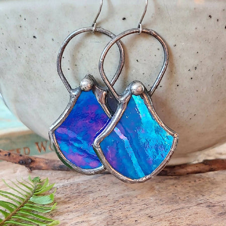 Blue stained glass artisan soldered earrings, mermaid scale earrings