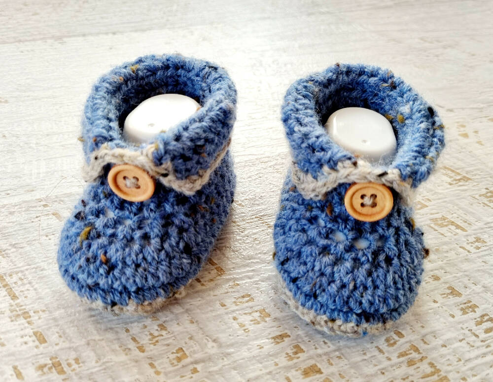 Baby Booties Blue Tweed Newborn Crochet Knit Shoes Socks