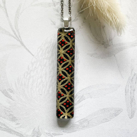 Long Glass Necklace with Gold and Red • Japanese Paper, Resin and Glass