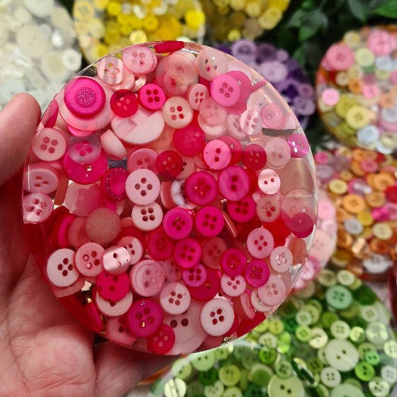 Coasters - PINK - Button & Resin Mix - Drinks - Mug Glass - Paperweight - SINGLE